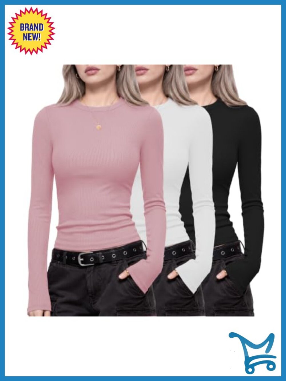 Women's 3 Pack Long Sleeve Rib Knit Slim Fit Tops Undershirts